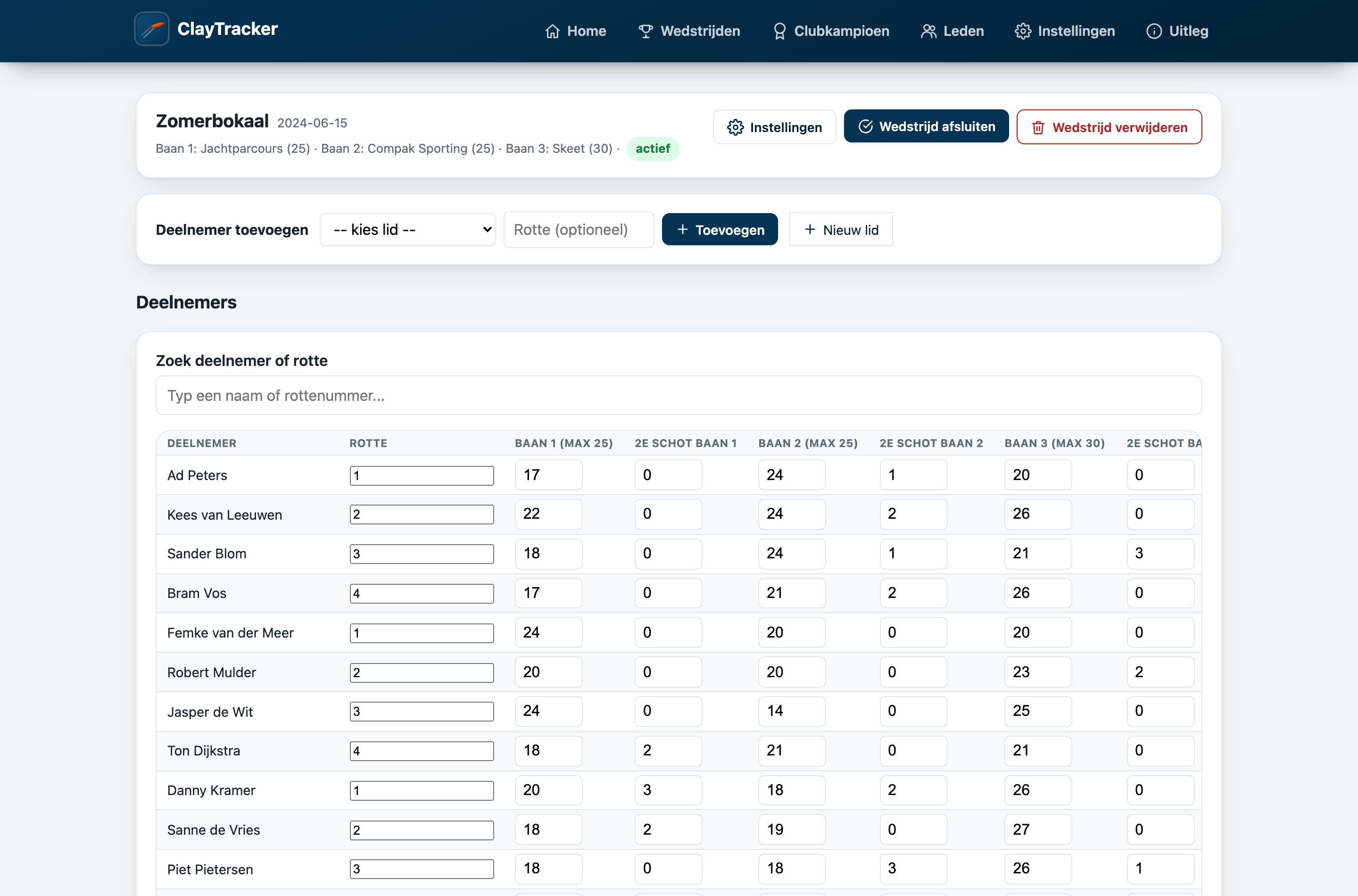 Score-invoertabel per wedstrijd, met per deelnemer de scores en 2e-schot-treffers per baan.